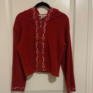 Free People Red Hooded Zip-Up Sweater with Floral Trim